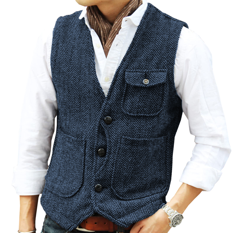 🎩 Classic Texture, Polished Look | Men's Herringbone Tweed Multi-Pocket Vest