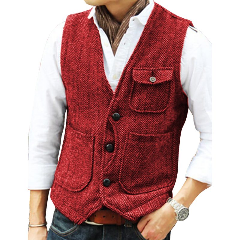🎩 Classic Texture, Polished Look | Men's Herringbone Tweed Multi-Pocket Vest