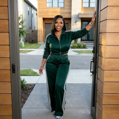 🎽 One Set, Instant Sporty Style | Women's Stripe Zip-Up Jacket & Pants Tracksuit
