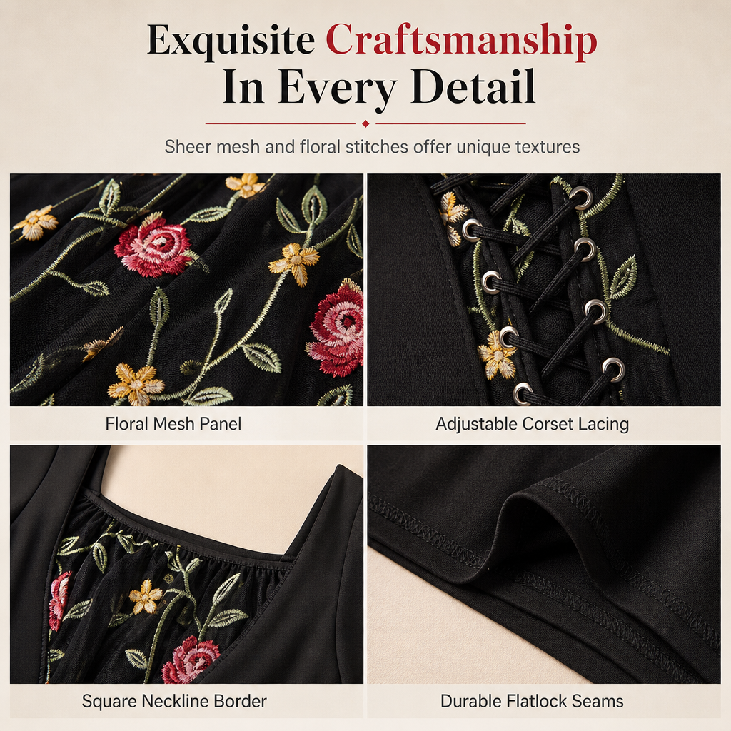 🌹 Corset Detail, Romantic Elegance | Women's Floral Embroidered Maxi Dress