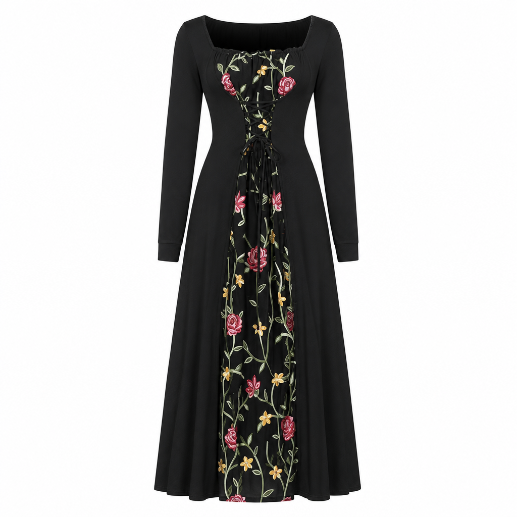 🌹 Corset Detail, Romantic Elegance | Women's Floral Embroidered Maxi Dress
