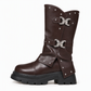 Women's Platform Mid Block Heel Ankle Boots with Round Toe Stitching Fold-Over Cuff and Buckle Strap
