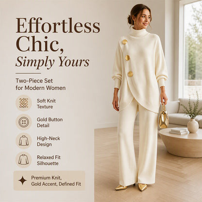 🧶 Effortless Knit Elegance | Women's Turtleneck Sweater & Wide-Leg Pants 2-Piece Set