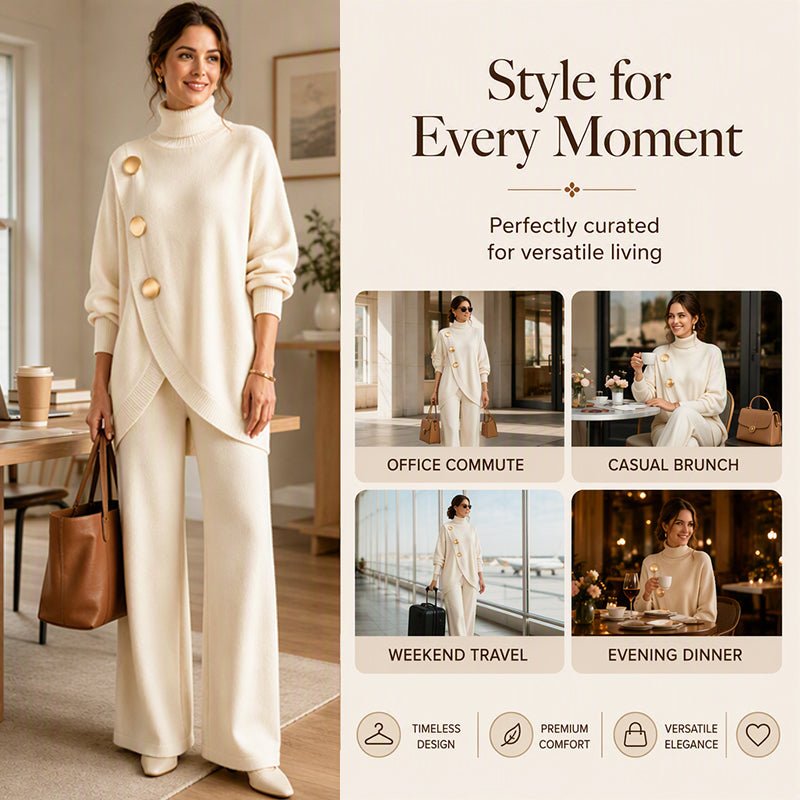 🧶 Effortless Knit Elegance | Women's Turtleneck Sweater & Wide-Leg Pants 2-Piece Set