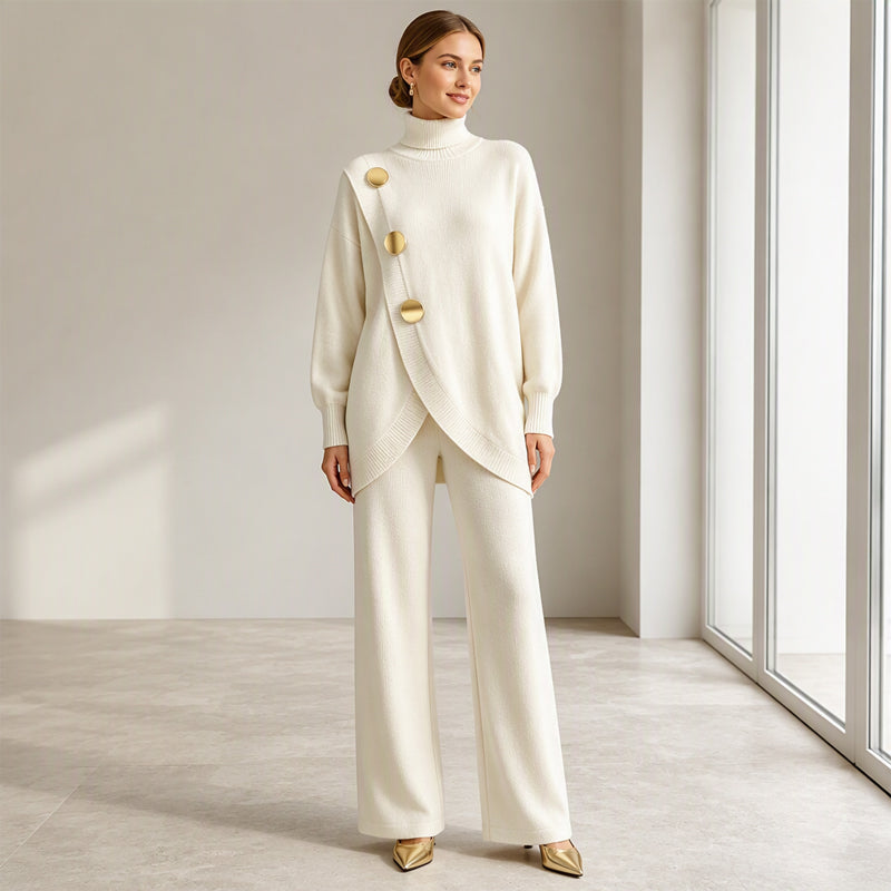 🧶 Effortless Knit Elegance | Women's Turtleneck Sweater & Wide-Leg Pants 2-Piece Set