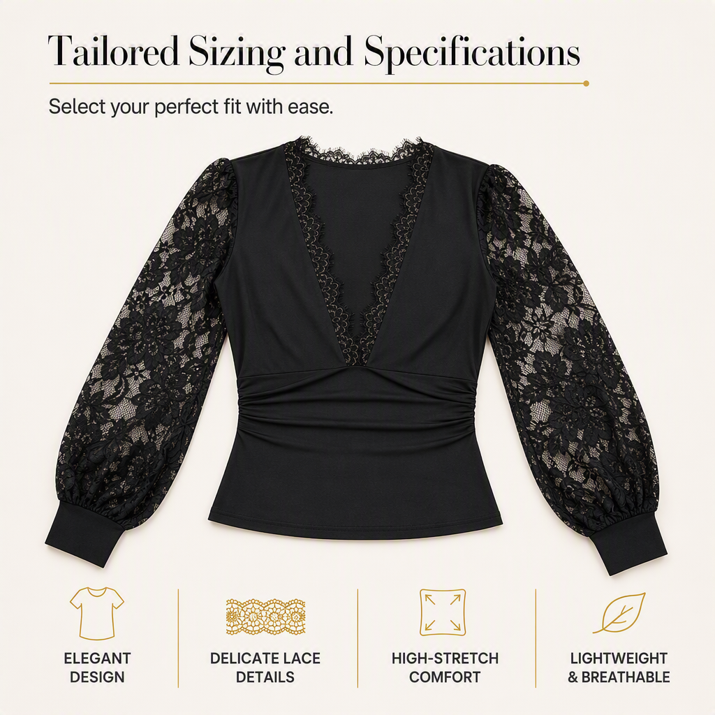 🌸 Elegant Lace Sleeves, Flattering Stretch Fit | Women's Deep V-Neck Top
