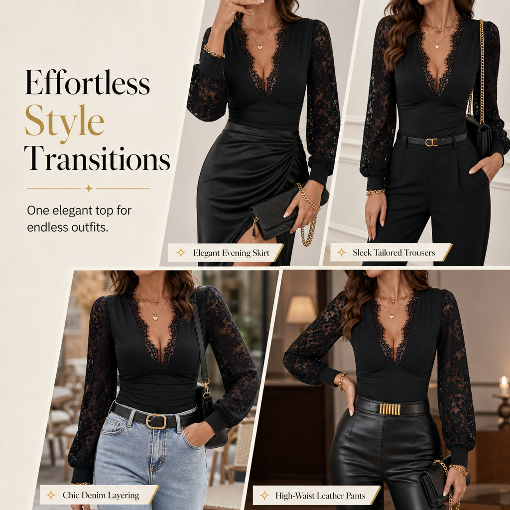 🌸 Elegant Lace Sleeves, Flattering Stretch Fit | Women's Deep V-Neck Top