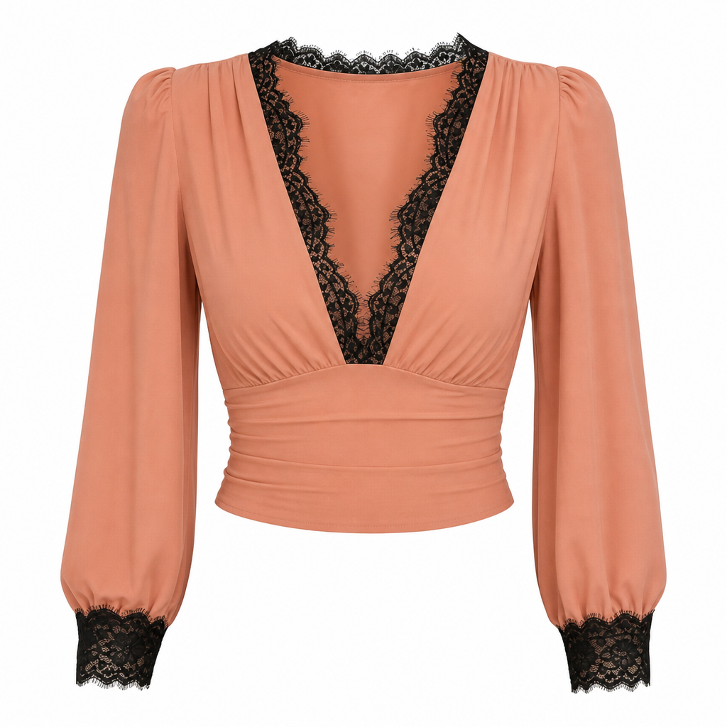 🌸 Elegant Lace Sleeves, Flattering Stretch Fit | Women's Deep V-Neck Top