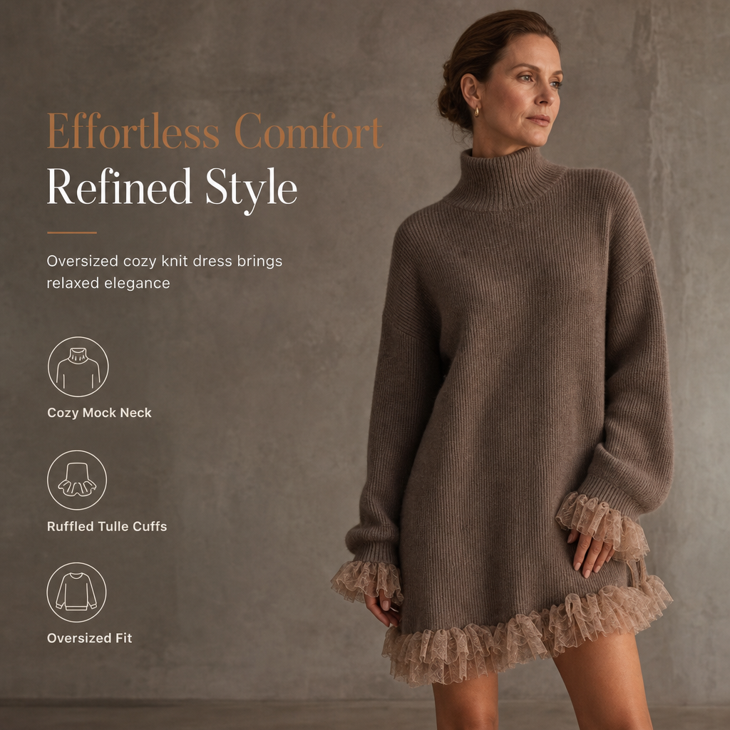 ⏳HOT SALE 60% OFF🍂✨Oversized Mock Neck Knit Sweater Dress with Ruffle Tulle Trim