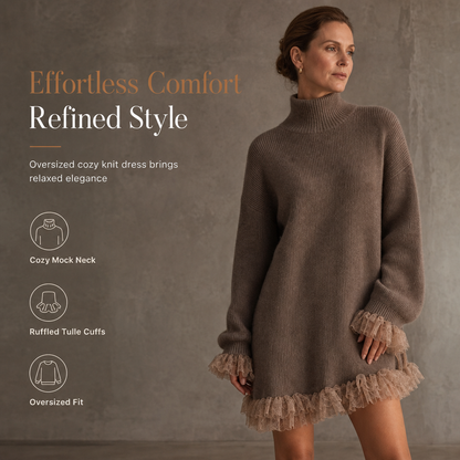 ⏳HOT SALE 60% OFF🍂✨Oversized Mock Neck Knit Sweater Dress with Ruffle Tulle Trim