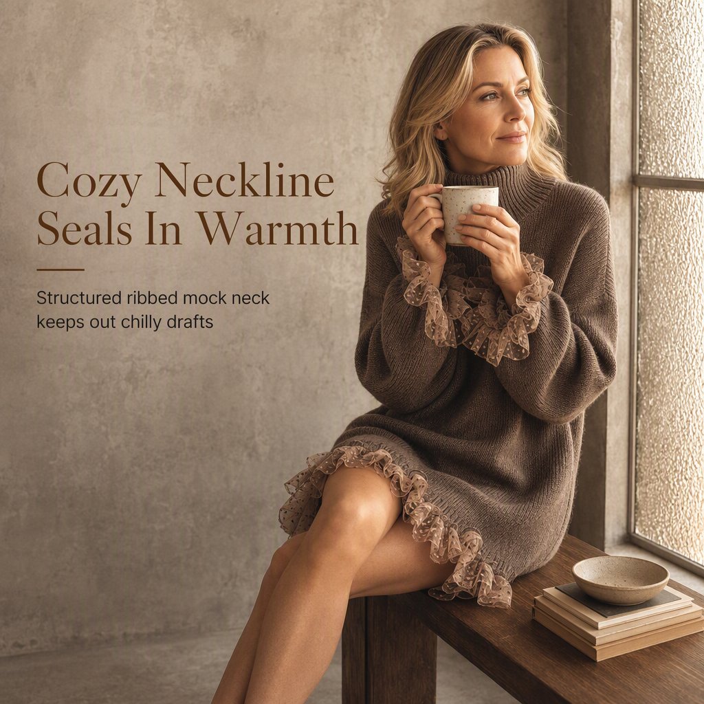 ⏳HOT SALE 60% OFF🍂✨Oversized Mock Neck Knit Sweater Dress with Ruffle Tulle Trim