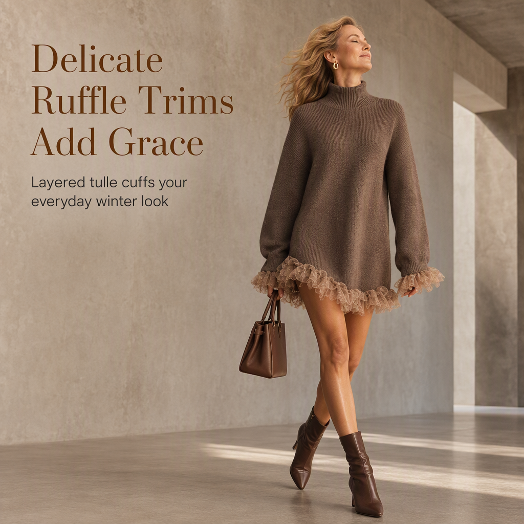 ⏳HOT SALE 60% OFF🍂✨Oversized Mock Neck Knit Sweater Dress with Ruffle Tulle Trim
