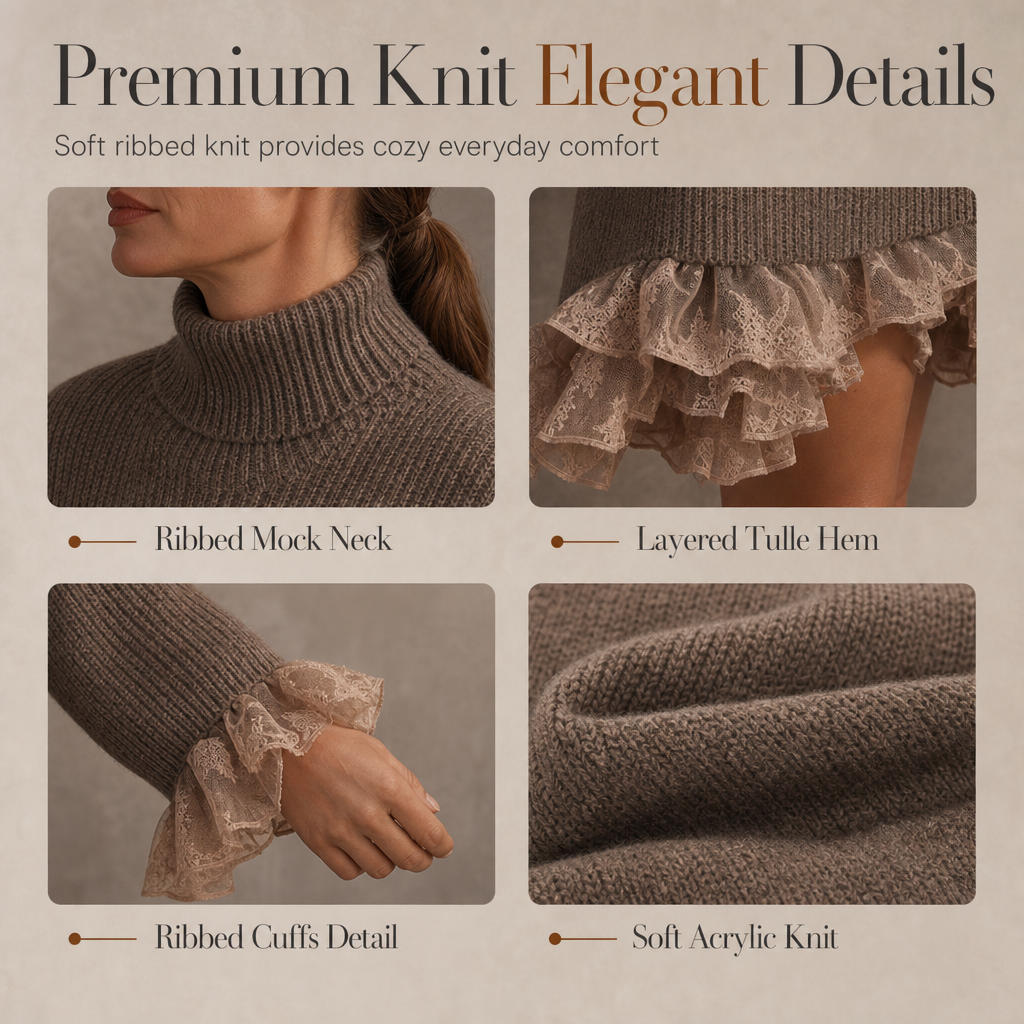 ⏳HOT SALE 60% OFF🍂✨Oversized Mock Neck Knit Sweater Dress with Ruffle Tulle Trim