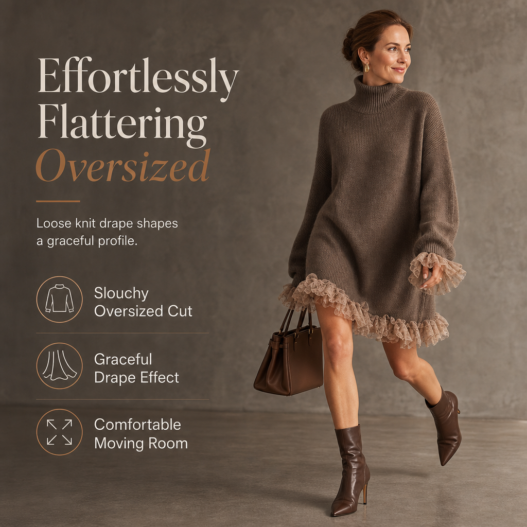 ⏳HOT SALE 60% OFF🍂✨Oversized Mock Neck Knit Sweater Dress with Ruffle Tulle Trim