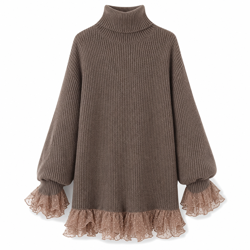 ⏳HOT SALE 60% OFF🍂✨Oversized Mock Neck Knit Sweater Dress with Ruffle Tulle Trim