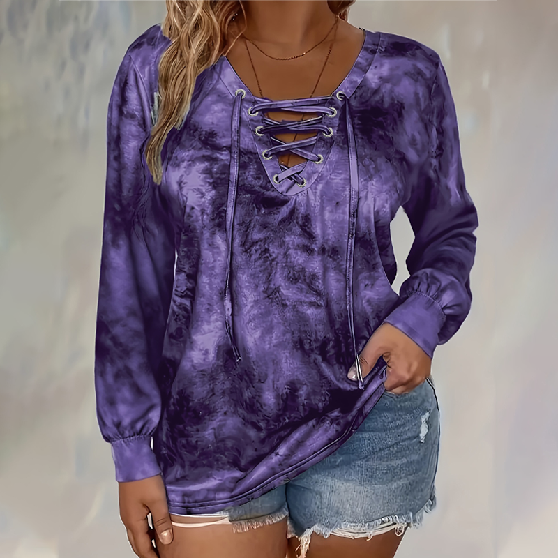 🌸Hot Sale 50% OFF💖Women's Tie-Dye Printed Lace-Up V-Neck Top