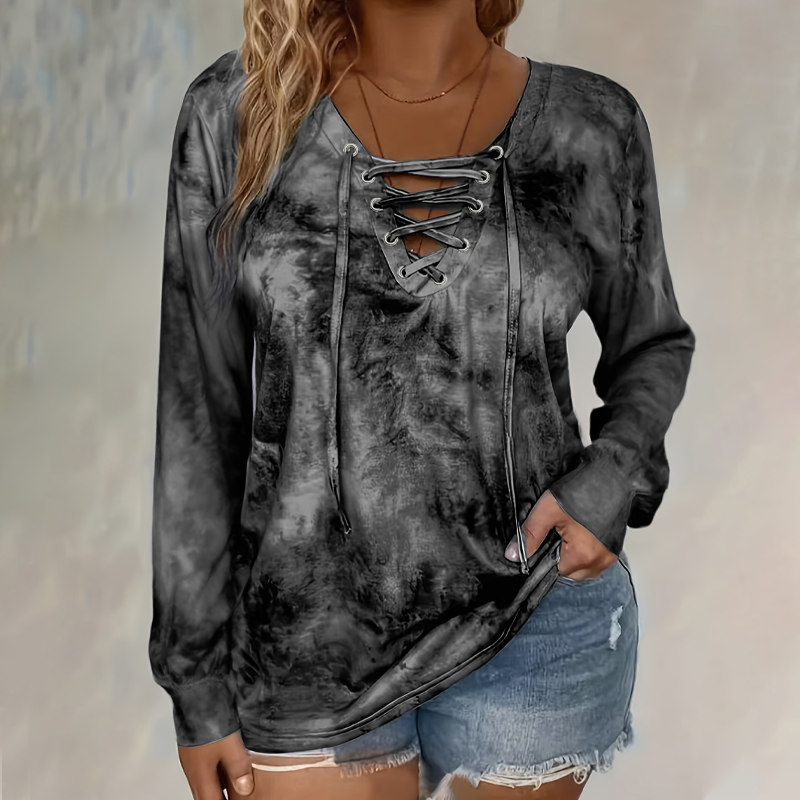 🌸Hot Sale 50% OFF💖Women's Tie-Dye Printed Lace-Up V-Neck Top