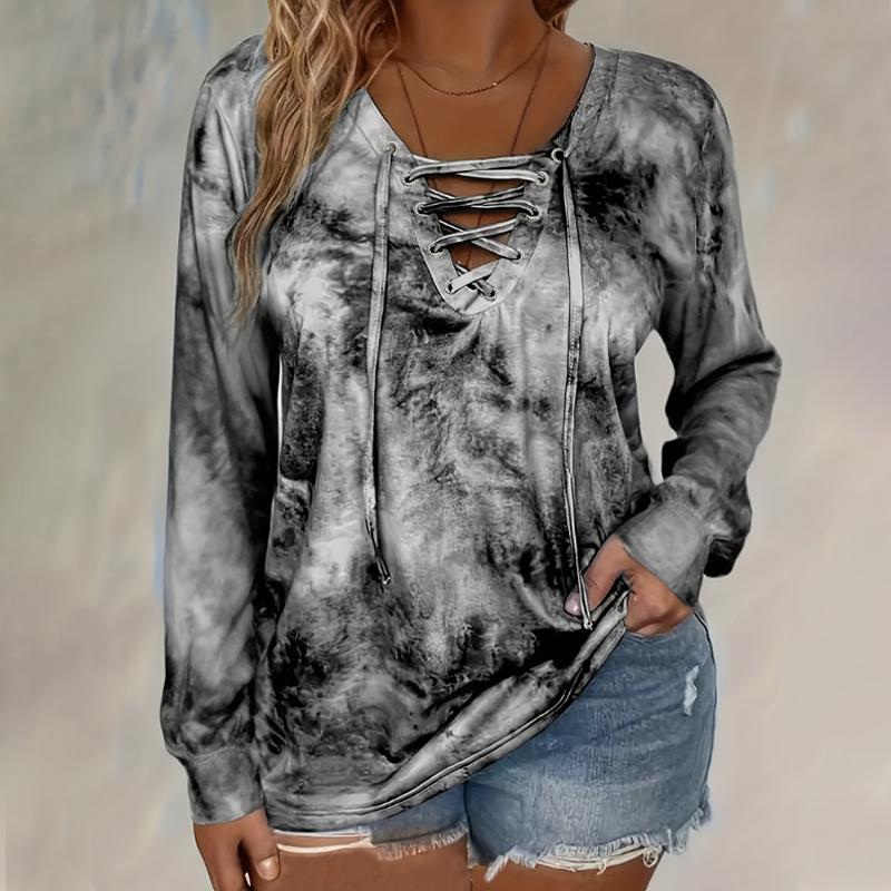 🌸Hot Sale 50% OFF💖Women's Tie-Dye Printed Lace-Up V-Neck Top