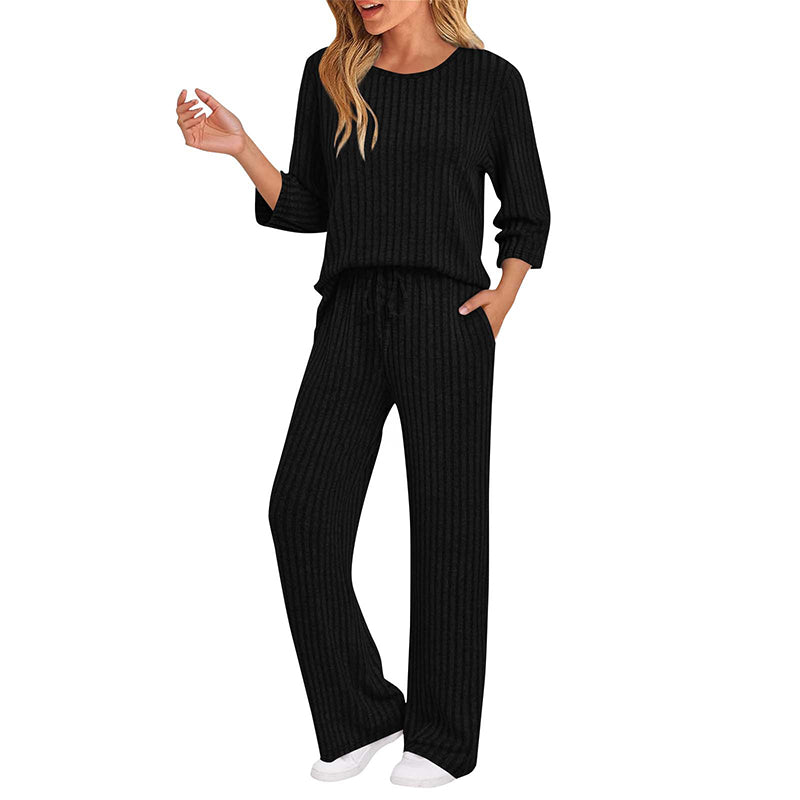 👍✨Women's 2026 UK Ribbed Knit Top & Straight Pants Set