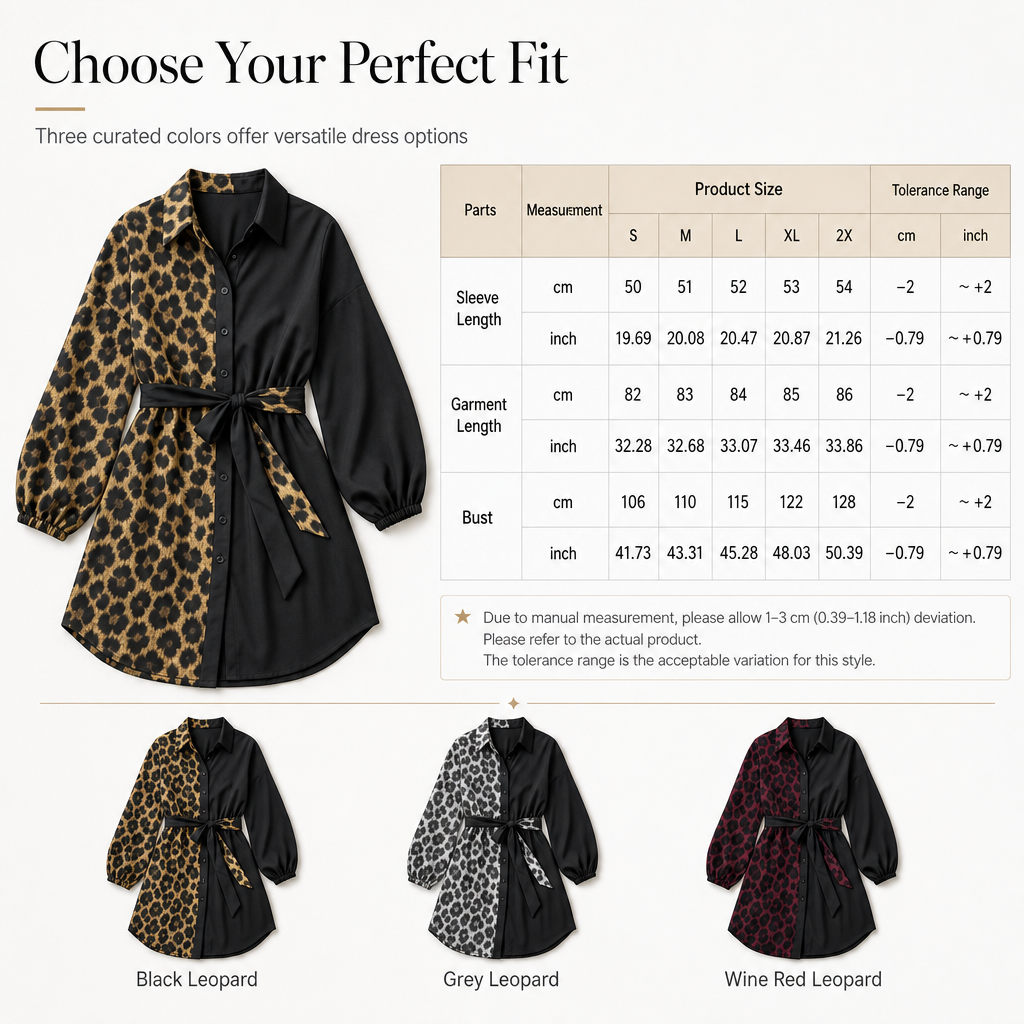 🐆Women's Leopard Print Contrast Patchwork Long Sleeve Shirt Mini Dress with Belt