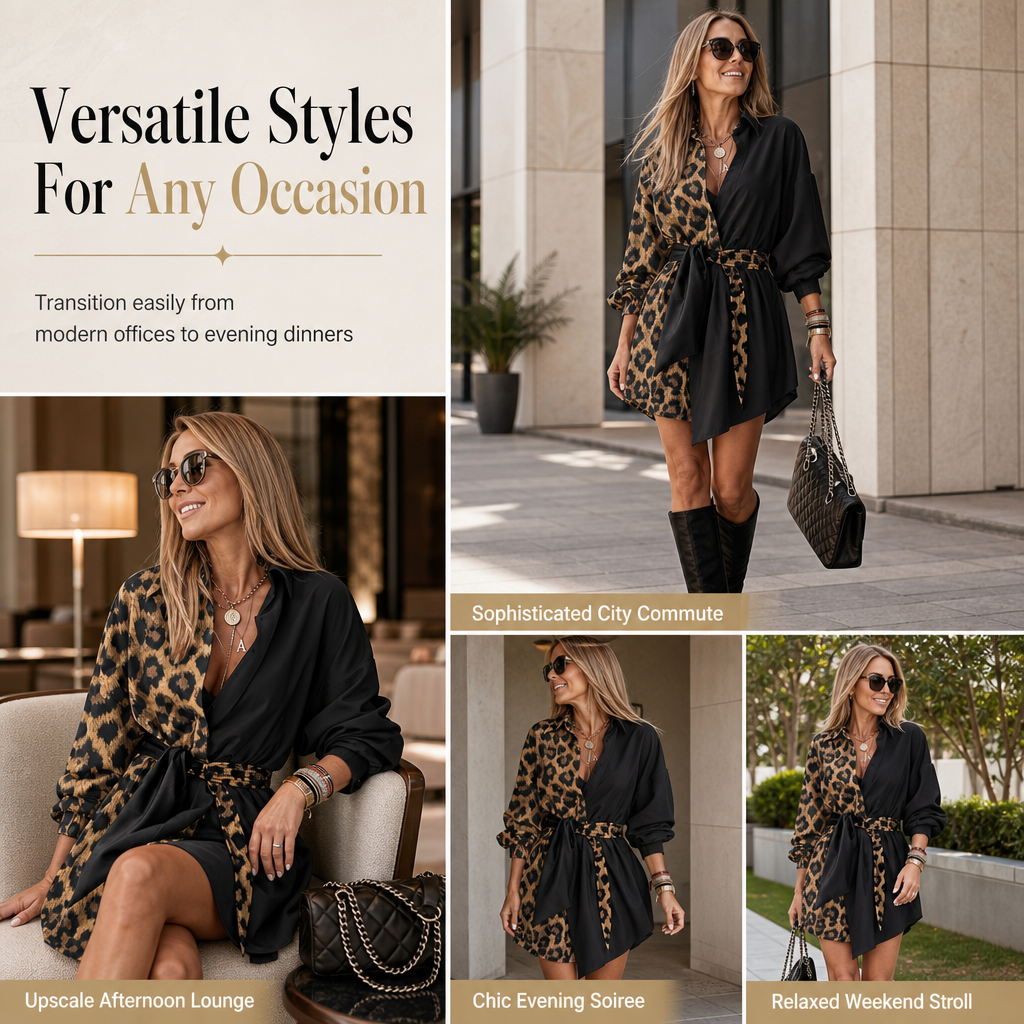 🐆Women's Leopard Print Contrast Patchwork Long Sleeve Shirt Mini Dress with Belt