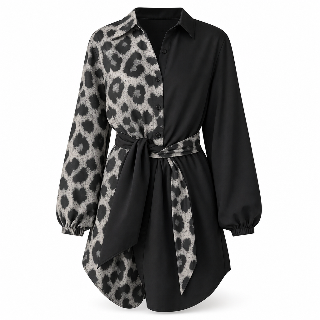 🐆Women's Leopard Print Contrast Patchwork Long Sleeve Shirt Mini Dress with Belt