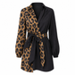 🐆Women's Leopard Print Contrast Patchwork Long Sleeve Shirt Mini Dress with Belt