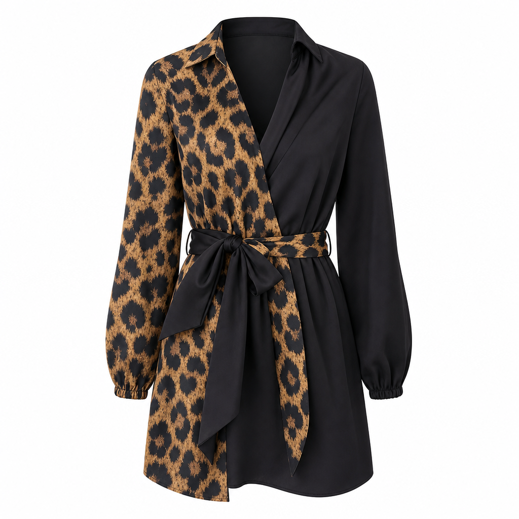 🐆Women's Leopard Print Contrast Patchwork Long Sleeve Shirt Mini Dress with Belt