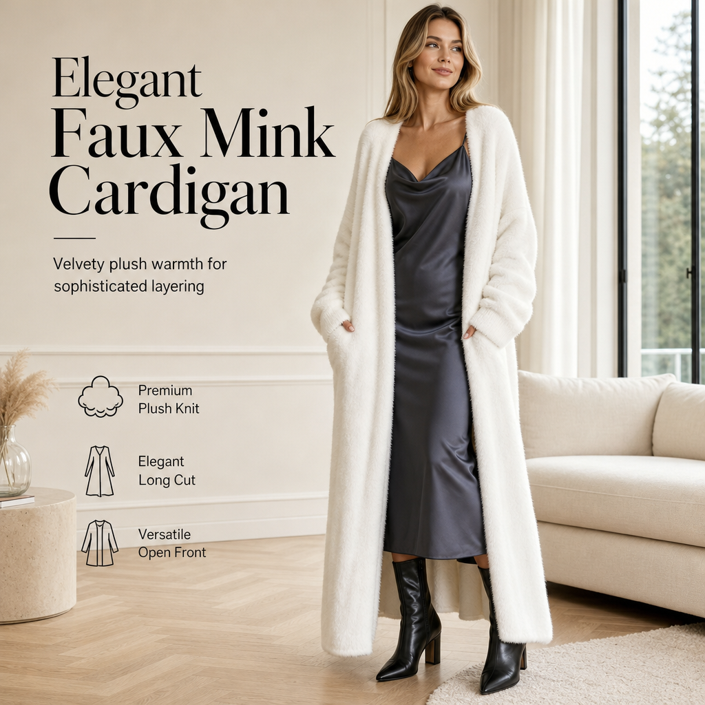Women's Faux Mink Fleece Long Cardigan Sweater Fluffy Oversized Knit Coat for Autumn and Winter