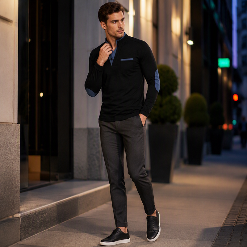 Men's Stand Collar Long Sleeve Shirt Spliced Casual Pullover Top