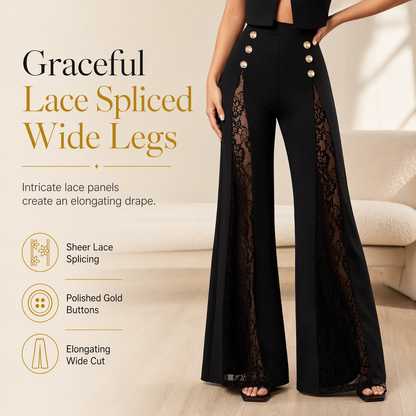 💖 Women's High Waisted Lace Spliced Wide Leg Trousers with Decorative Gold Buttons