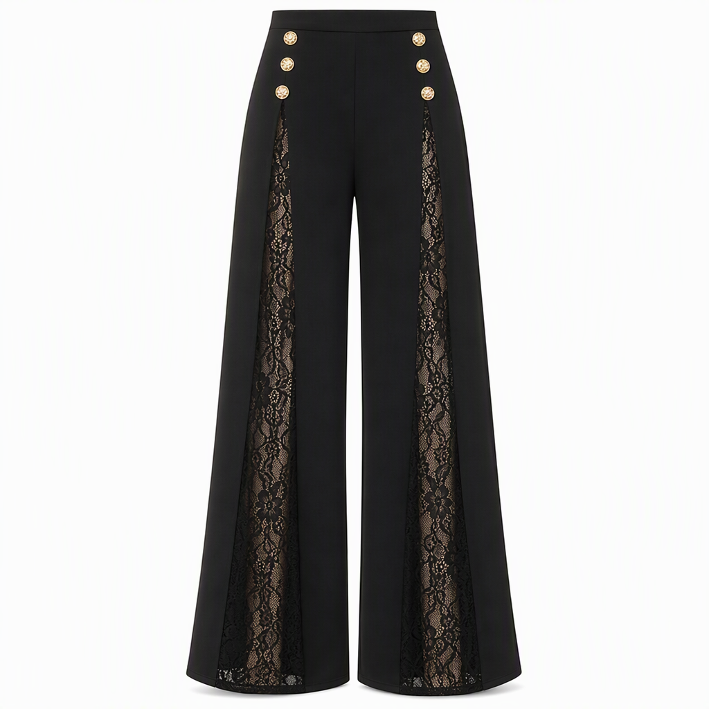 💖 Women's High Waisted Lace Spliced Wide Leg Trousers with Decorative Gold Buttons