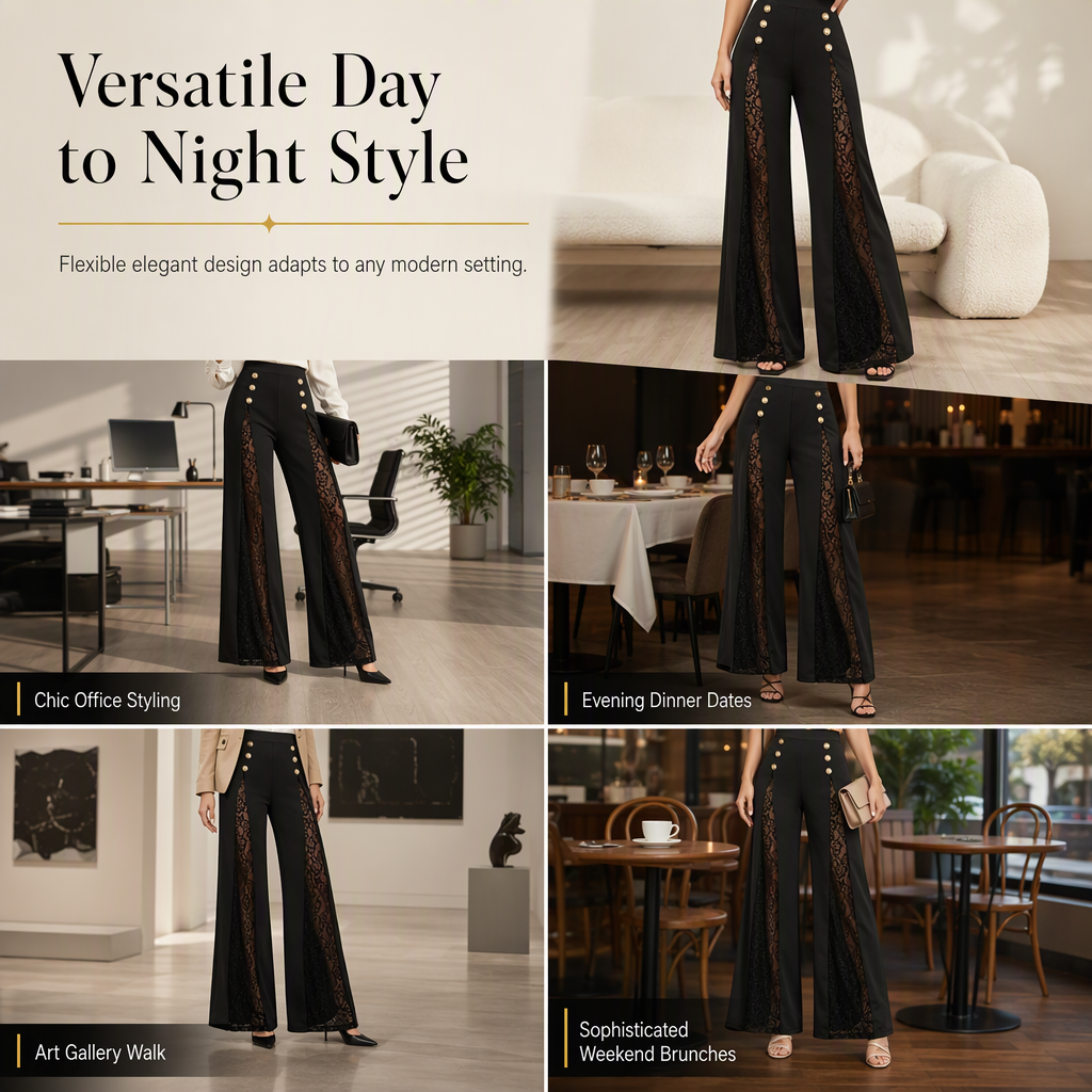 💖 Women's High Waisted Lace Spliced Wide Leg Trousers with Decorative Gold Buttons