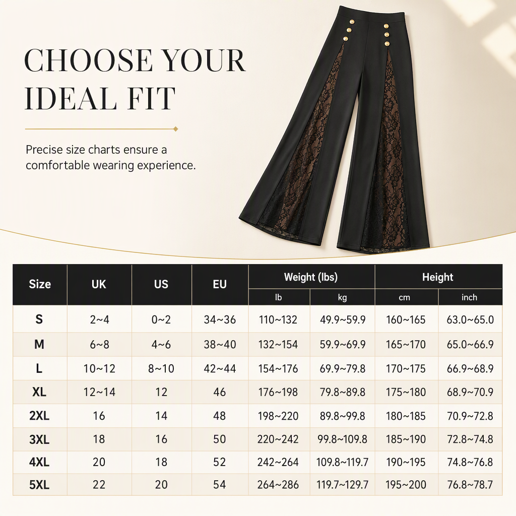 💖 Women's High Waisted Lace Spliced Wide Leg Trousers with Decorative Gold Buttons