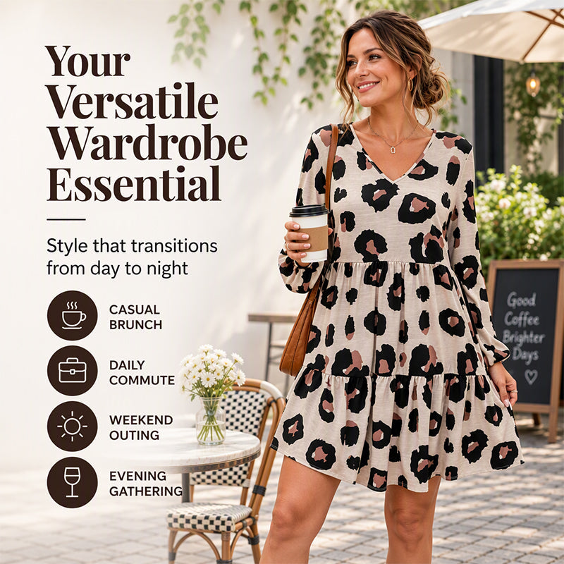 Women's Leopard Print V-Neck Long Sleeve Dress