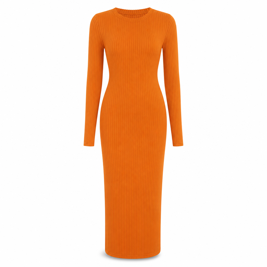💖🌹 Women's Long Sleeve Rib Knit Crewneck Bodycon Maxi Dress