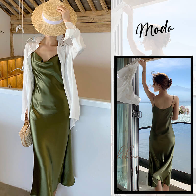 Satin Cowl Neck Spaghetti Strap Dress