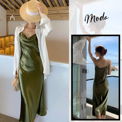 Satin Cowl Neck Spaghetti Strap Dress