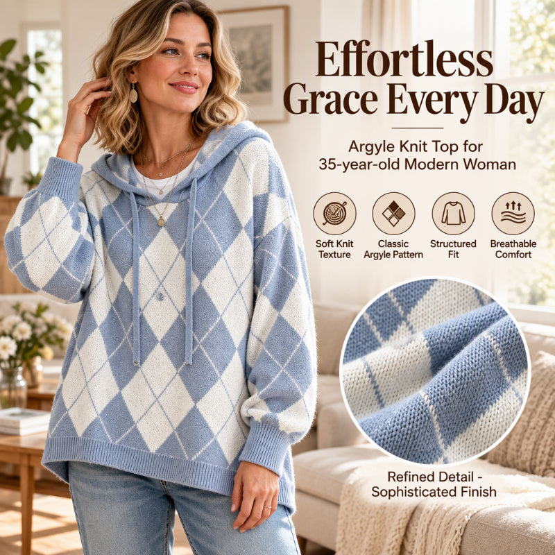 💖Black Friday Mega Deal – 50% off!💖Women's Casual Argyle Hooded Sweater