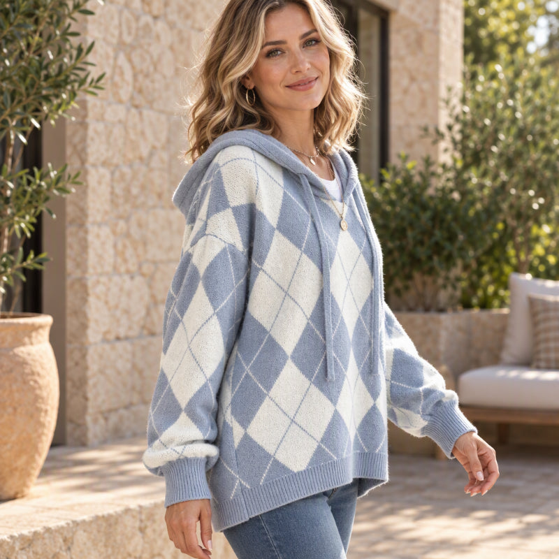 💖Black Friday Mega Deal – 50% off!💖Women's Casual Argyle Hooded Sweater
