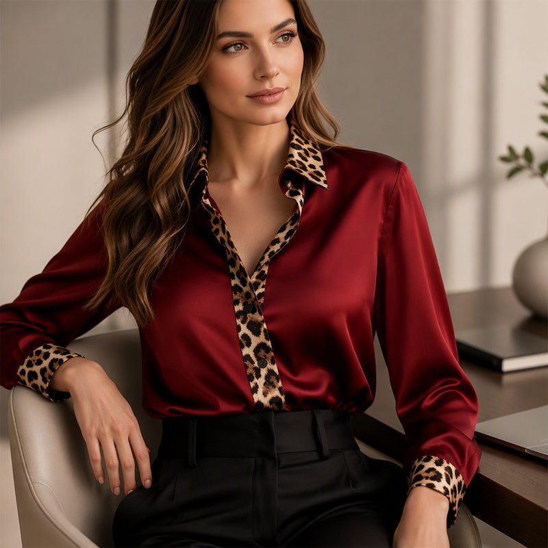 ✨Silky Satin, Elegant Comfort – Women's Leopard Patchwork Blouse ✨
