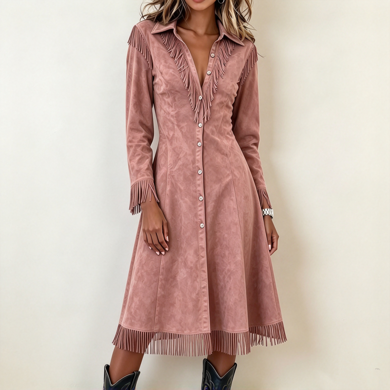 Women's Vintage Long Sleeve Fringe Dress