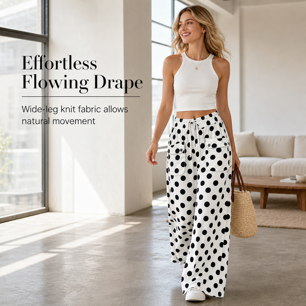 🌸Hot Sale 50% OFF💖Women's Casual Polka Dot Print Wide Leg Pants