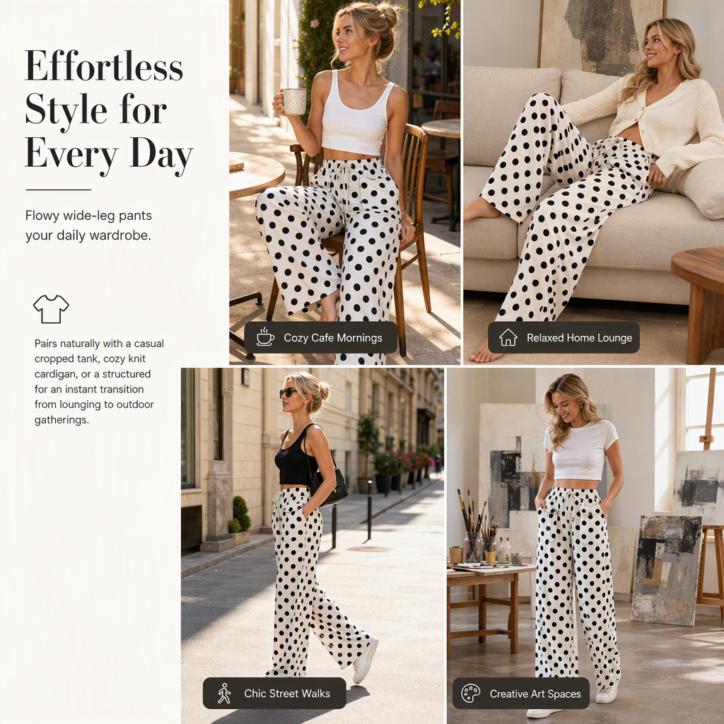 🌸Hot Sale 50% OFF💖Women's Casual Polka Dot Print Wide Leg Pants