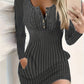 💖 Womens Autumn Winter Solid Color Long Sleeve Slim Fit Bodycon Button Dress