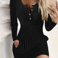 💖 Womens Autumn Winter Solid Color Long Sleeve Slim Fit Bodycon Button Dress