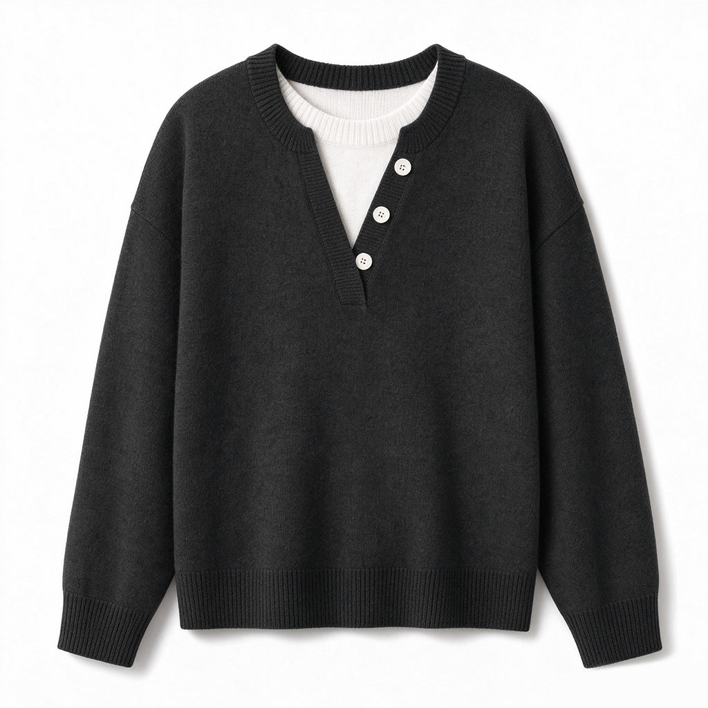 🌸Hot Sale 50% OFF💖Casual Mock Two Piece V Neck Knit Sweater with Button Details