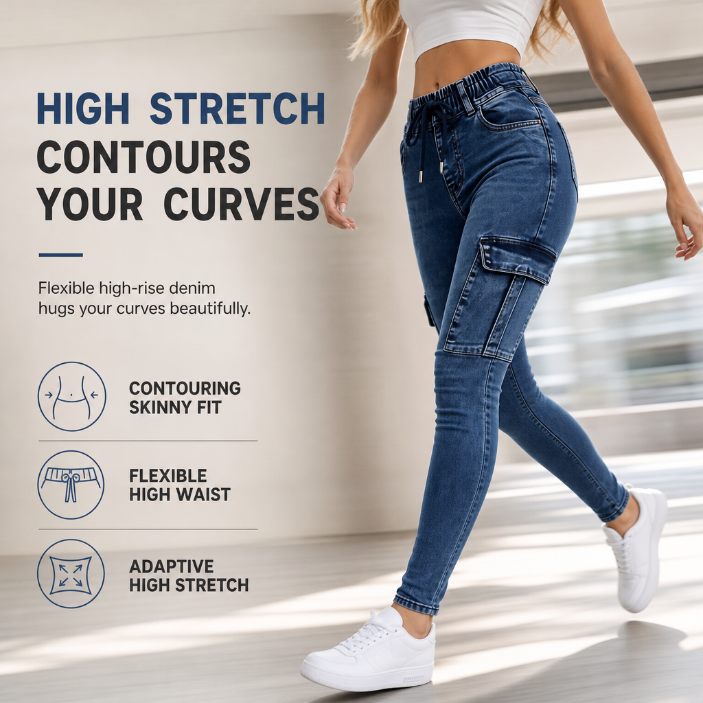 Women's High Waisted Elastic Drawstring Cargo Jeggings Skinny Denim Pants