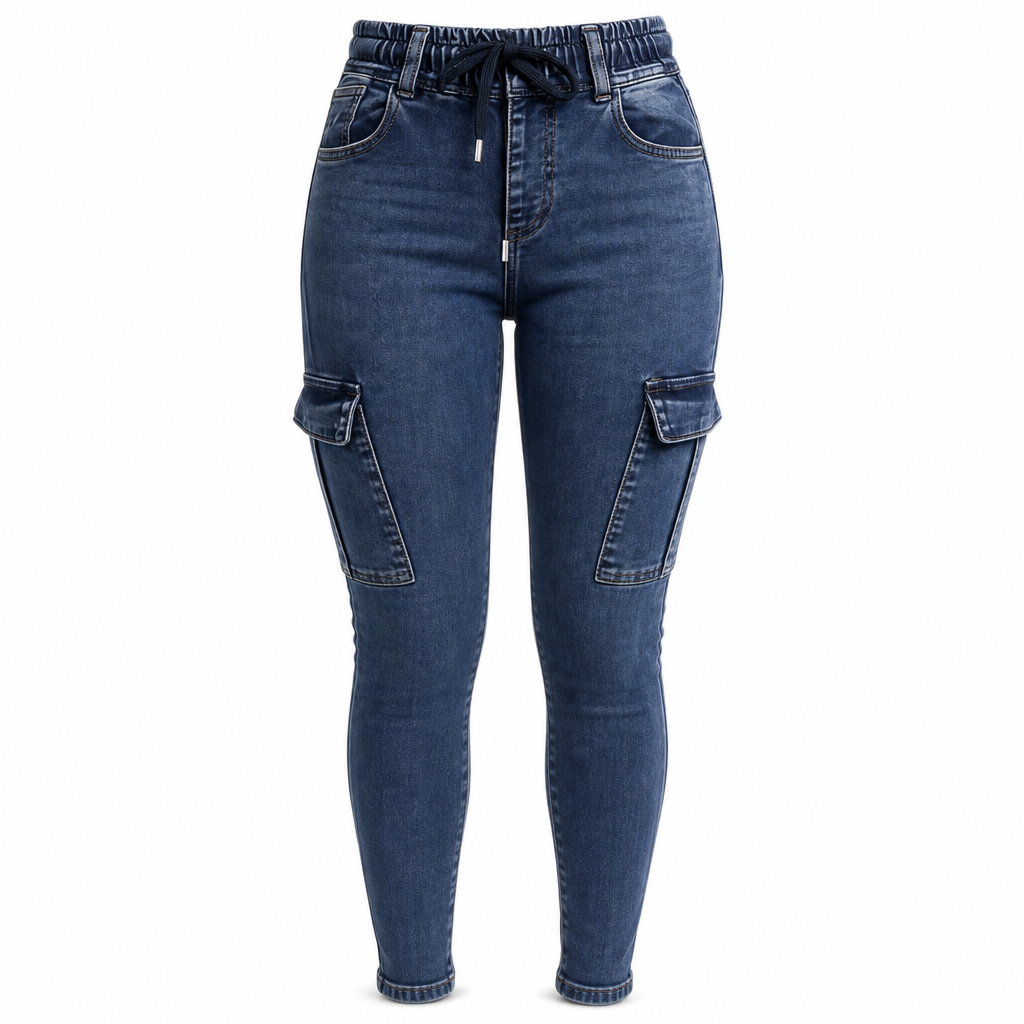 Women's High Waisted Elastic Drawstring Cargo Jeggings Skinny Denim Pants