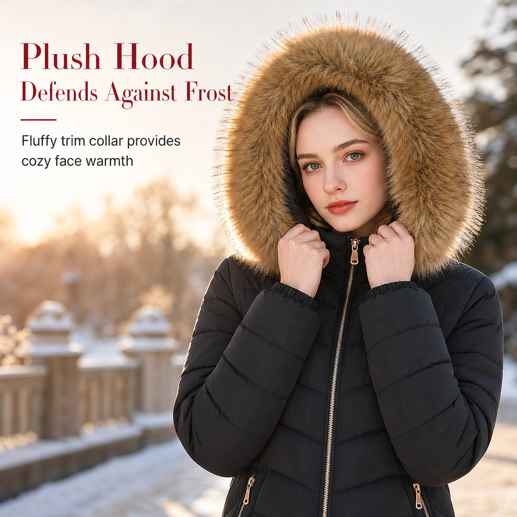 Women Mid-Length Slim Fit Winter Padded Coat with Large Fur Collar Outerwear